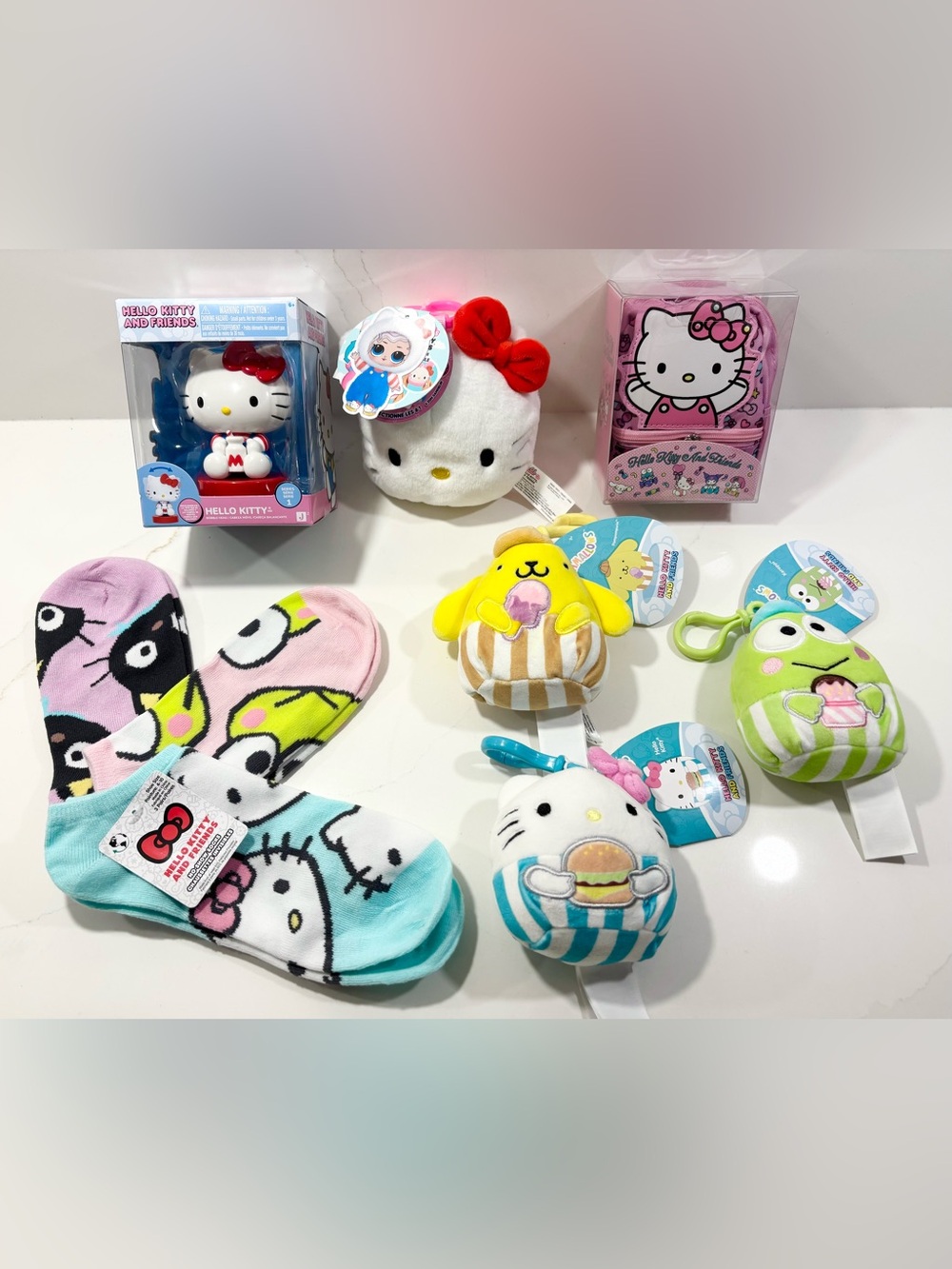 *HELLO KITTY HAUL !* 9 items: Socks, Squishmallows, Bobblehead, Plush, Etc ! NWT